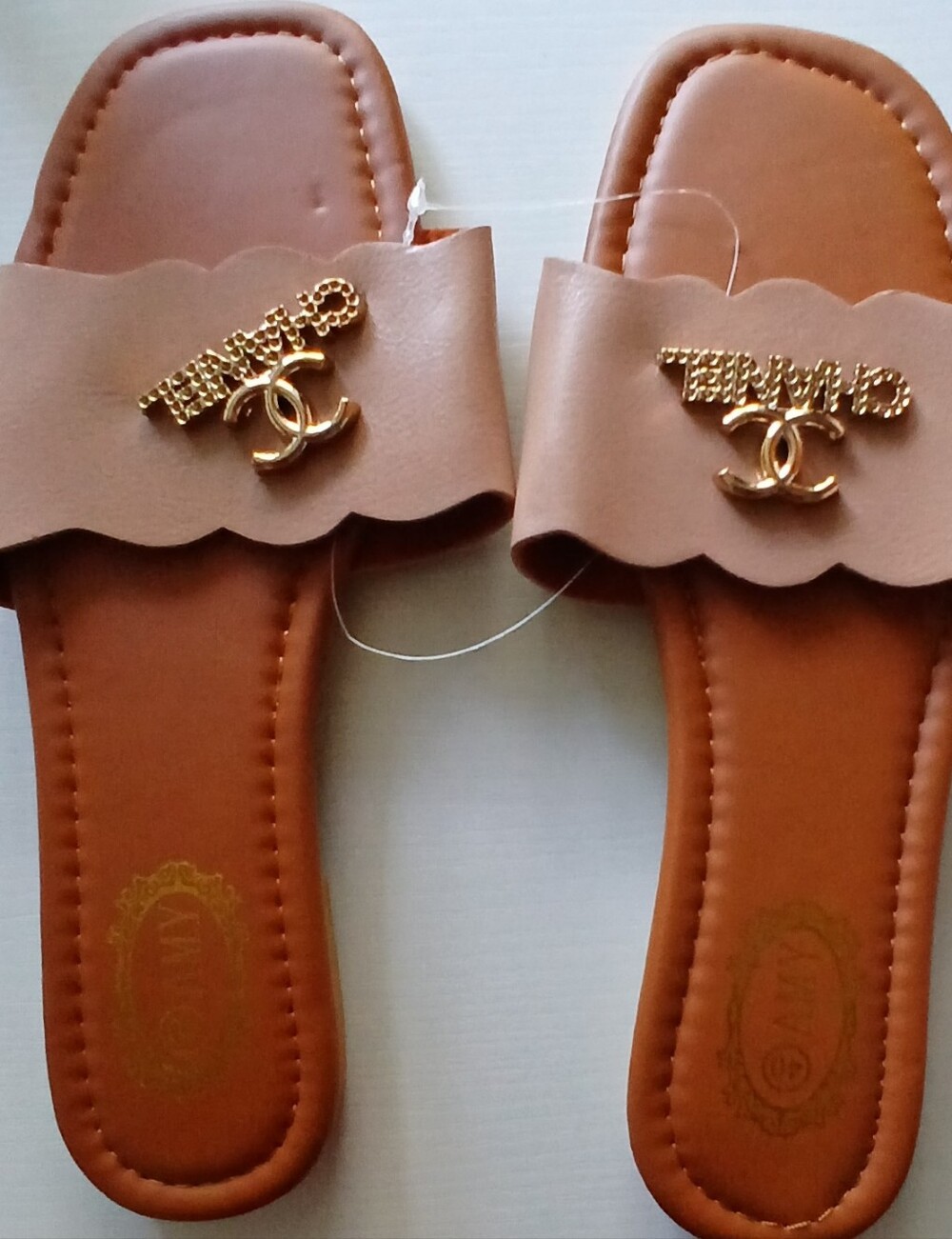 Women’s Tan Slide Sandals with Gold Accent